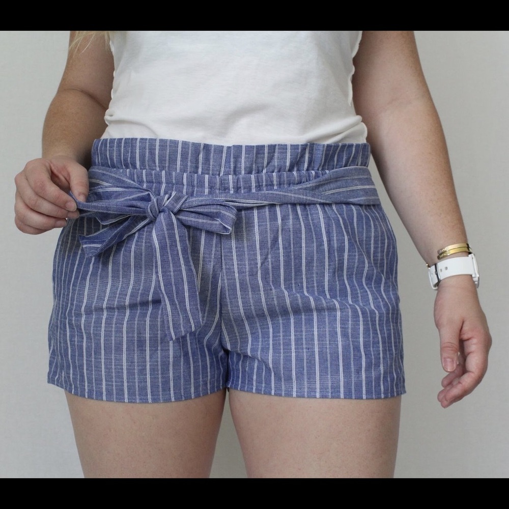 Blue Striped Front Tie Shorts - Picture 2 of 4